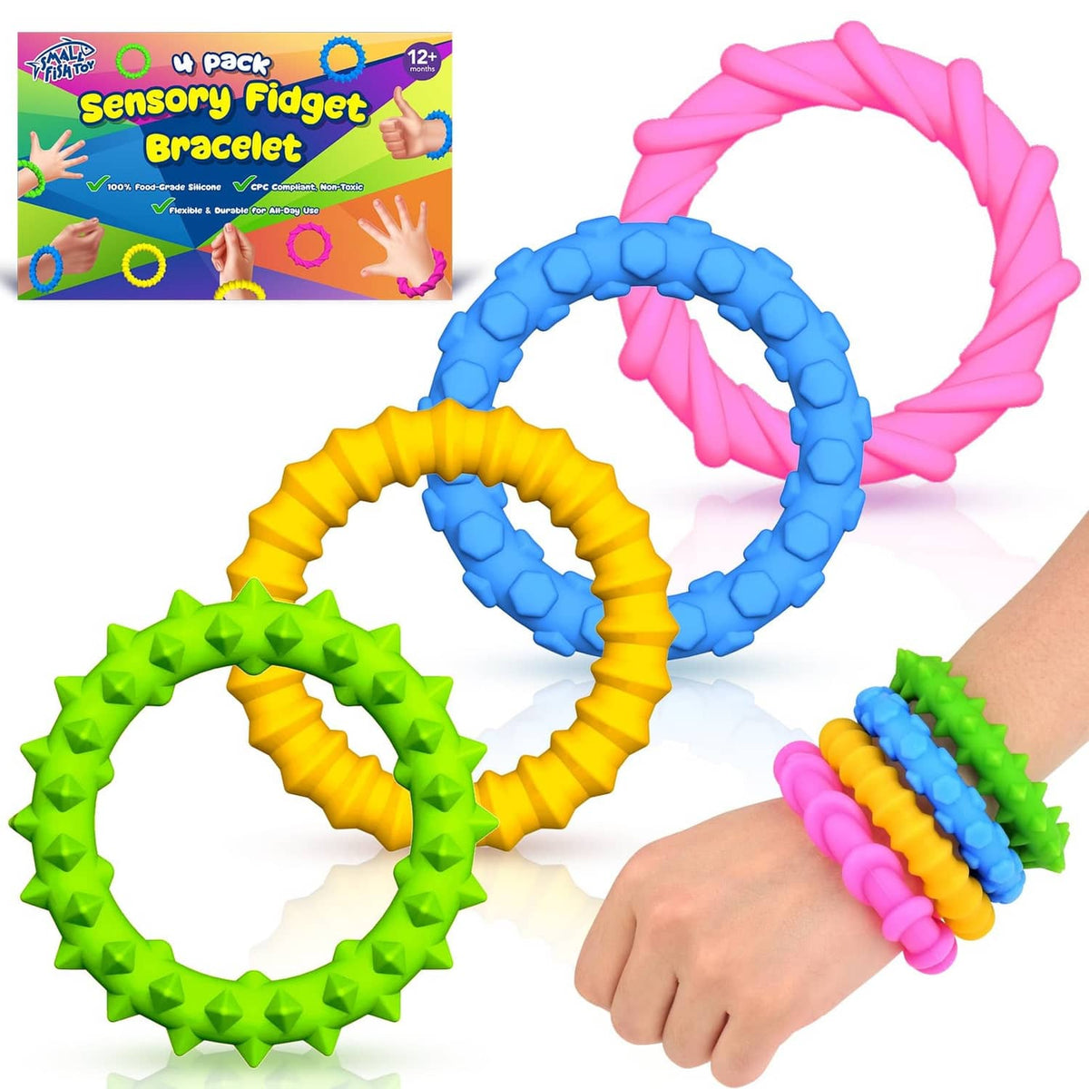 Colorful silicone fidget bracelet set, four textured rings in pink, blue, yellow, green