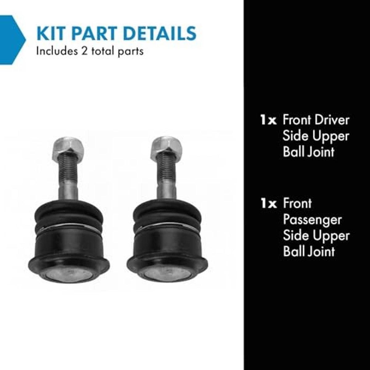 Front upper ball joint kit showing two black boots and threaded stud hardware