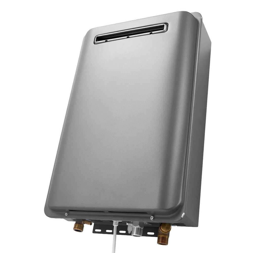 Propane tankless water heater angled view, gray casing with bottom brass connectors