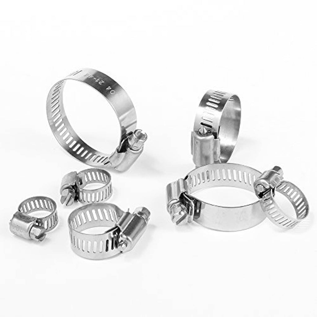 Set of stainless steel worm-gear hose clamps with metal bands and tightening screws