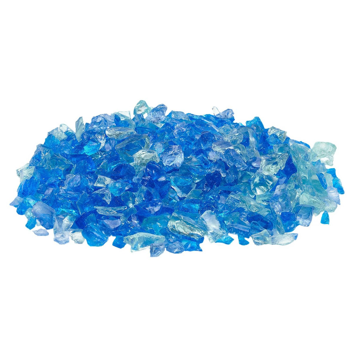 Blue fire pit glass rocks with faceted, translucent pieces