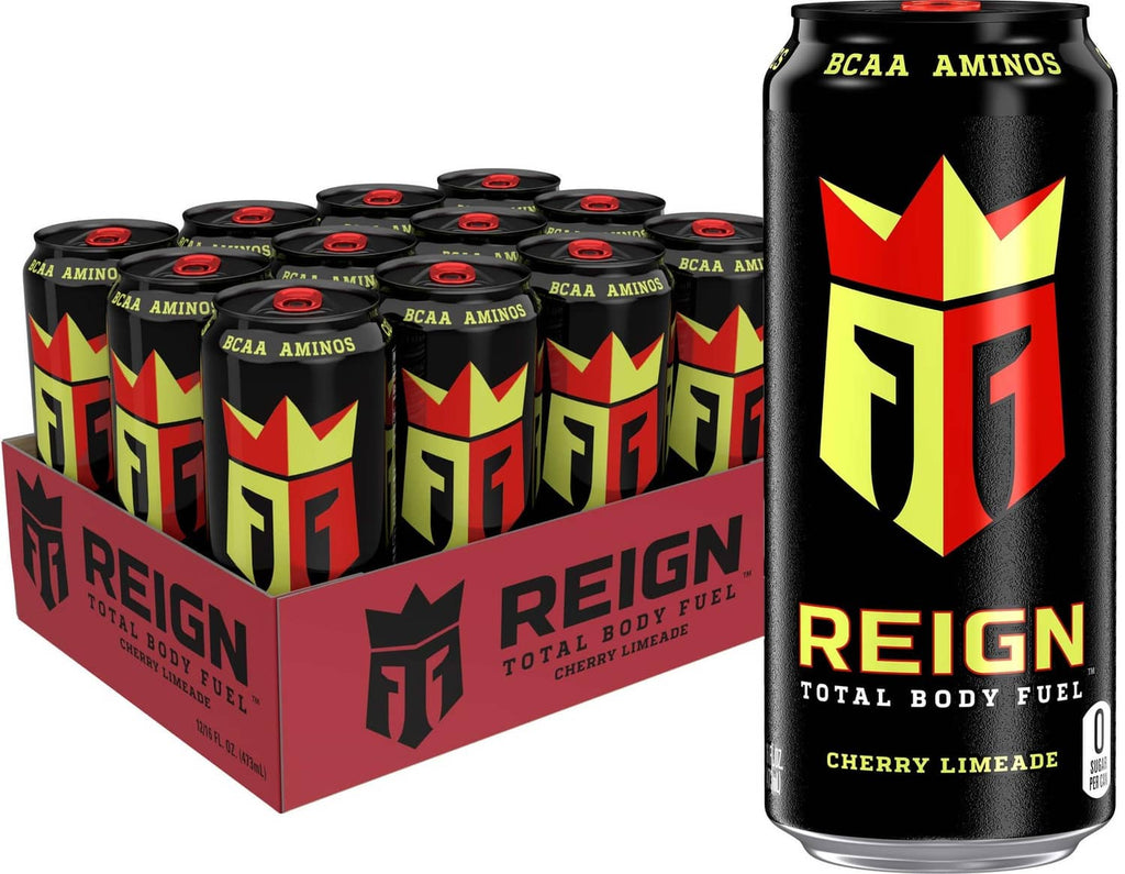 Reign Total Body Fuel cherry limeade drink cans multipack, black with yellow-red logo