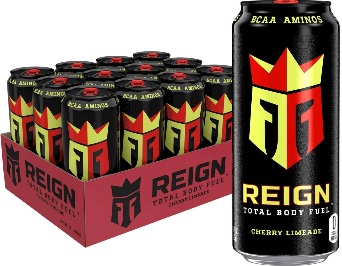 Reign Total Body Fuel cherry limeade drink cans multipack, black with yellow-red logo