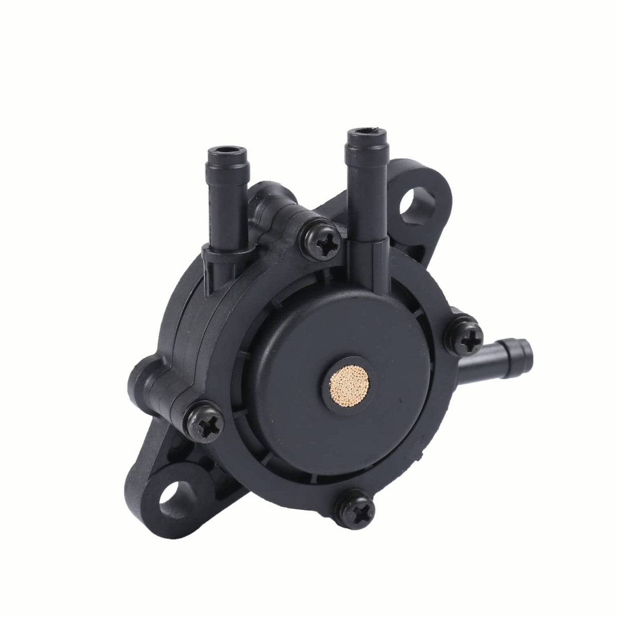 Black diaphragm fuel pump with round cover, copper mesh insert, and four connector ports