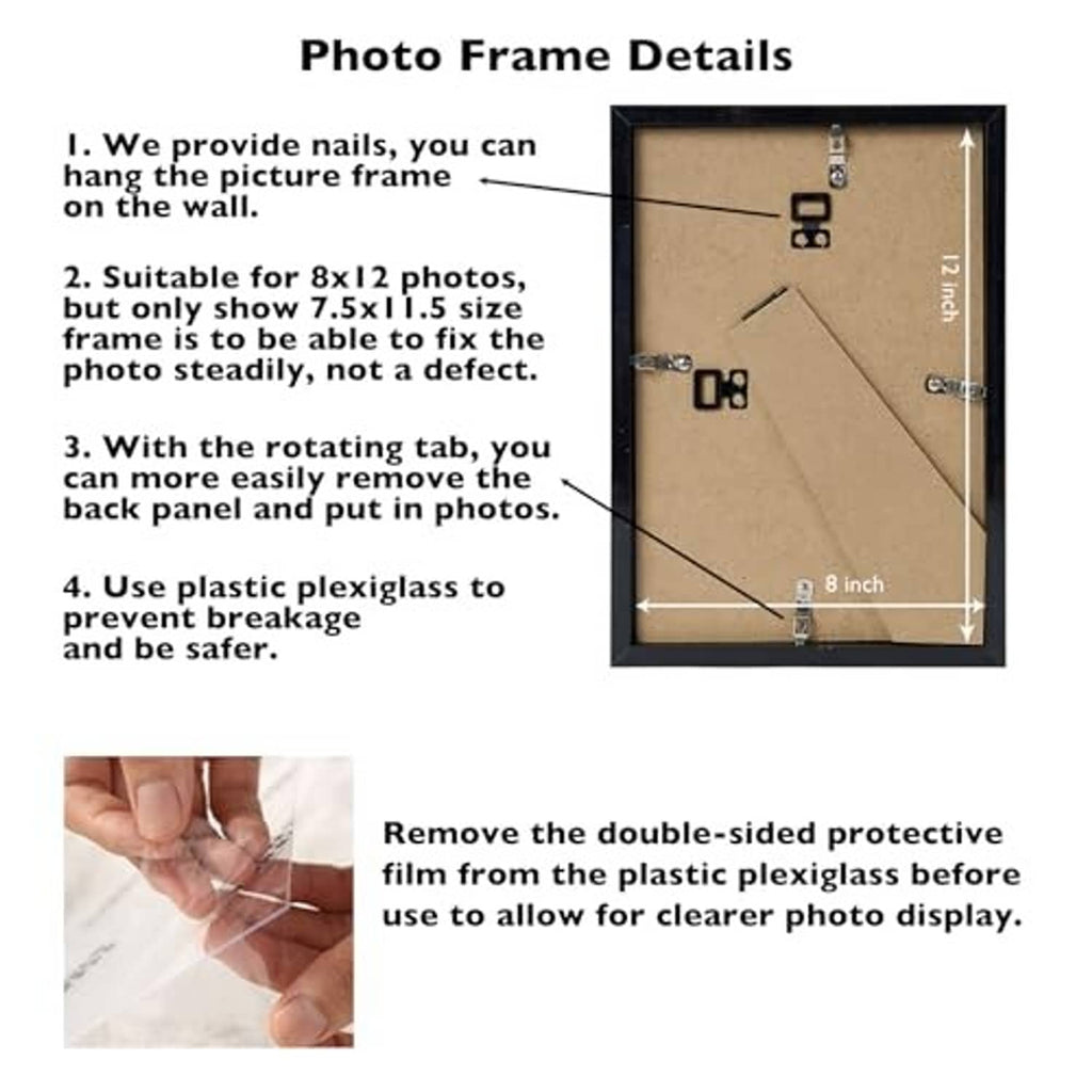 Back side of black 8x12 picture frame with mounting hardware and rotating tab