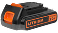 Black and orange 20V lithium battery pack with orange latch
