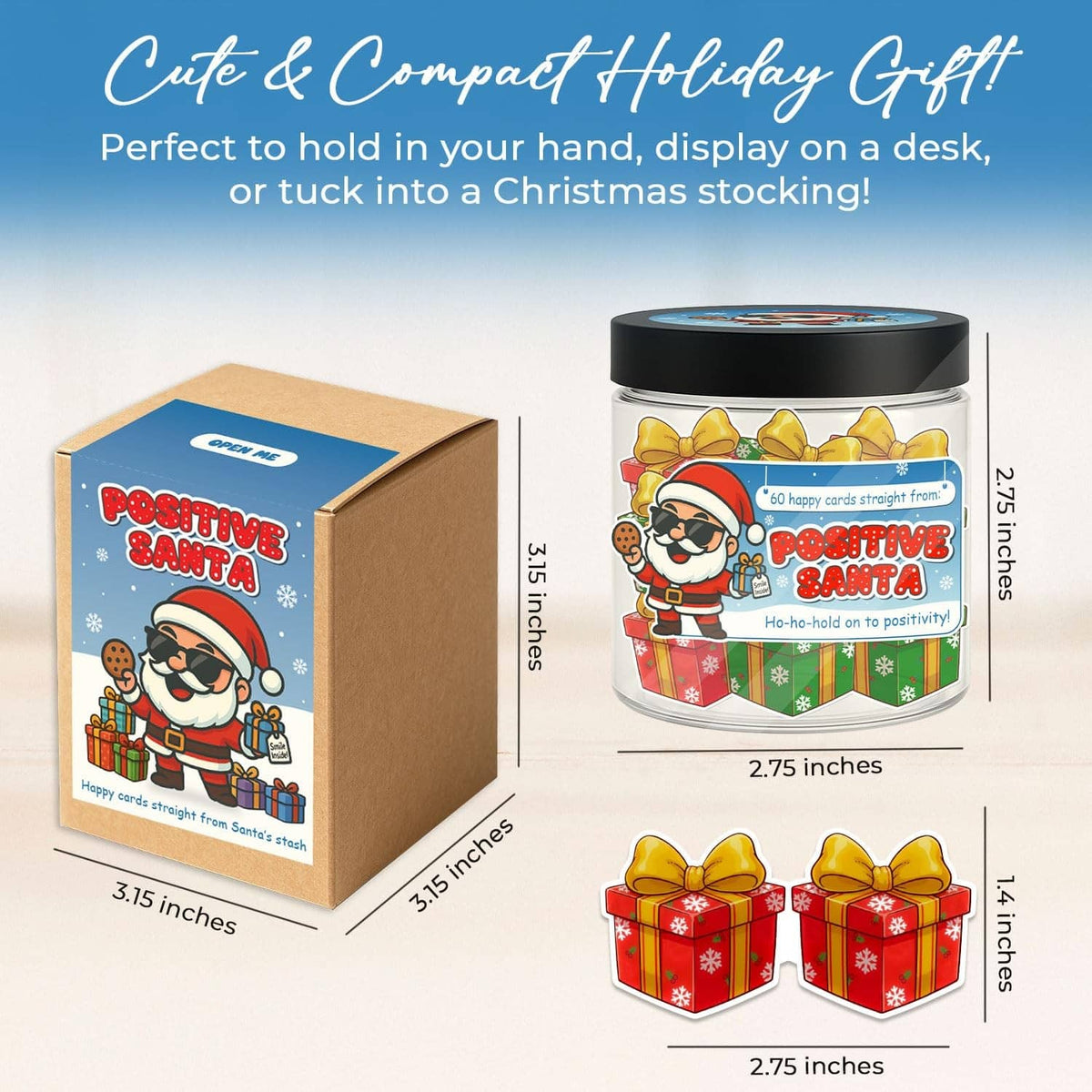 Santa affirmation card jar gift set with cardboard box, jar, and wrapped gift cutouts