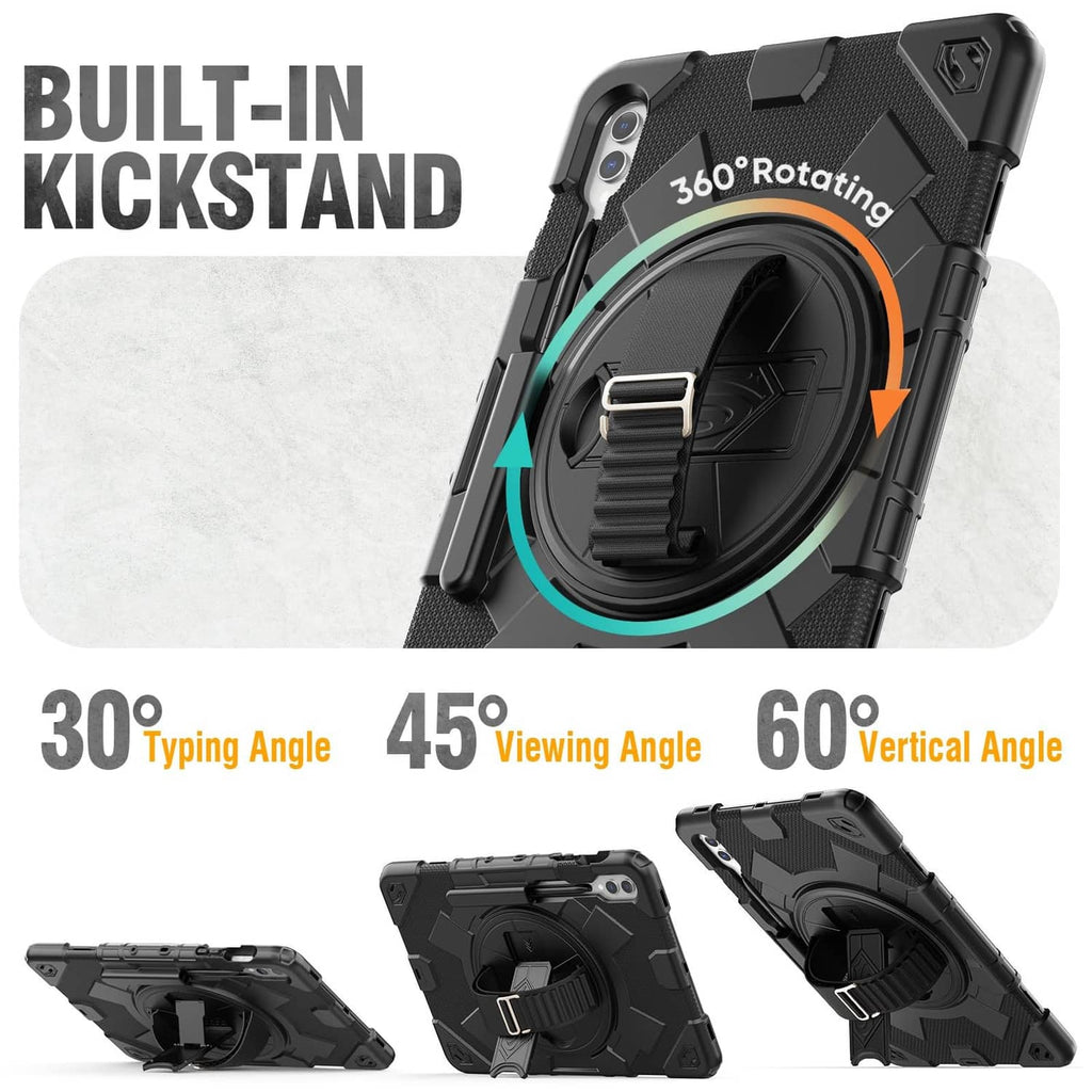 Black rugged tablet case with built-in kickstand and 30–60° viewing angles