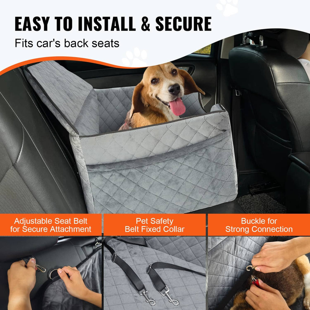 Gray pet booster car seat in car with dog and front safety belt buckles