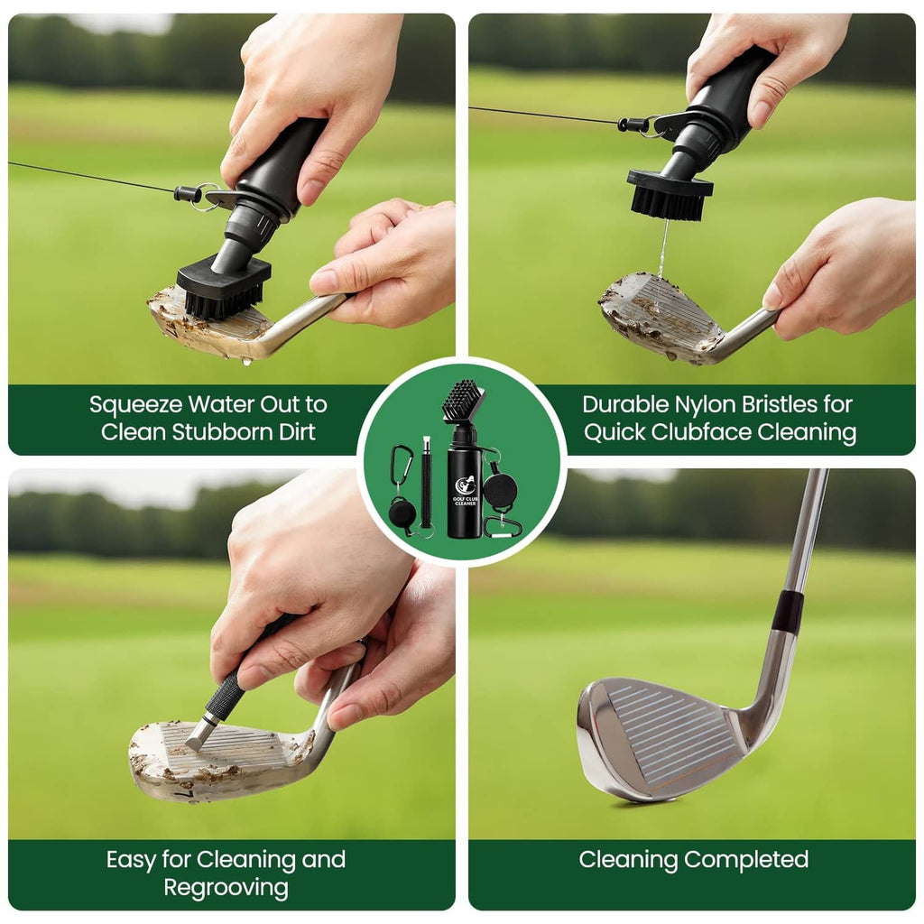 Golf club brush cleaner being used with retractable brush head to clean club face
