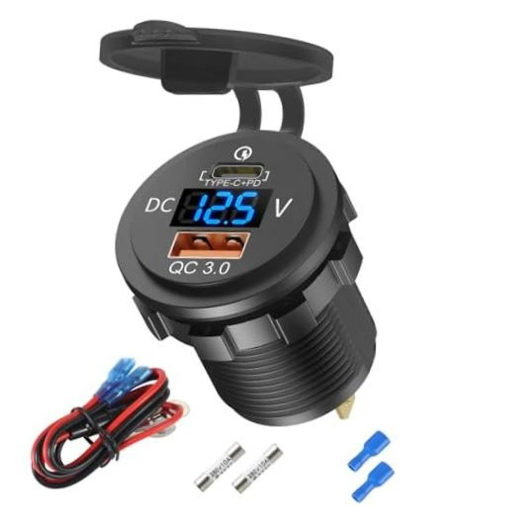 Black car USB outlet with Type-C PD and QC 3.0 ports, LED voltage display