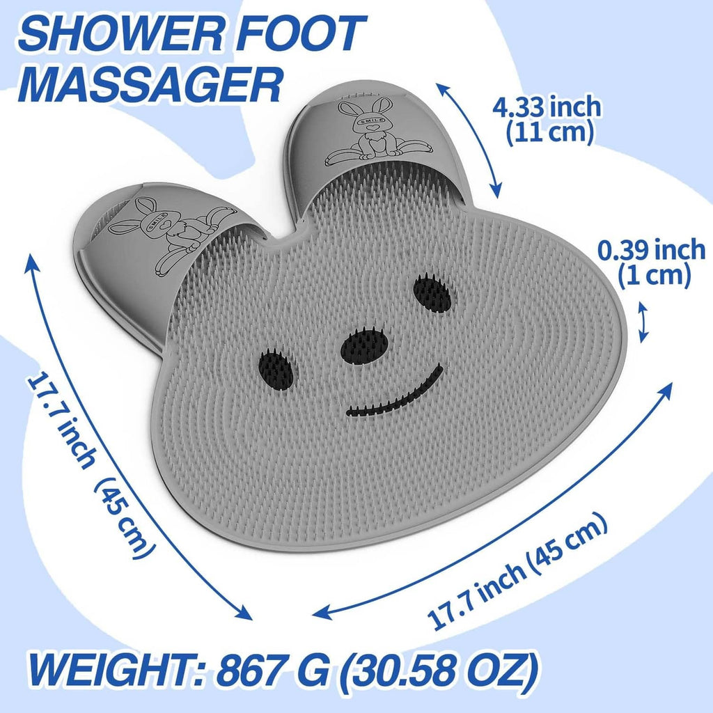 Gray rabbit-shaped foot massager mat, round suction base and smiling face texture