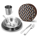 Stainless steel camping mess kit with cup, plate, fork and spoon, plus patterned carrying case