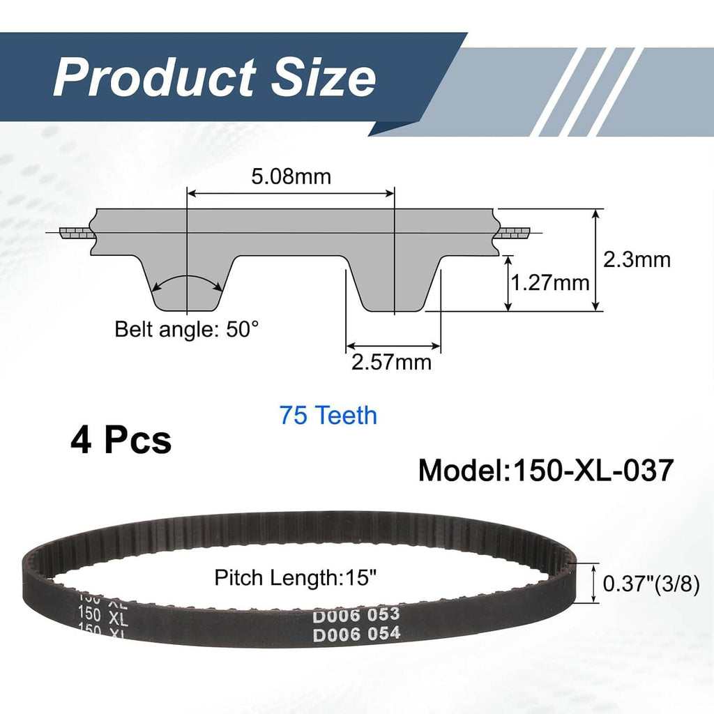 Timing belt set, 4 black rubber cogged belts with 75 teeth and 0.37 in width