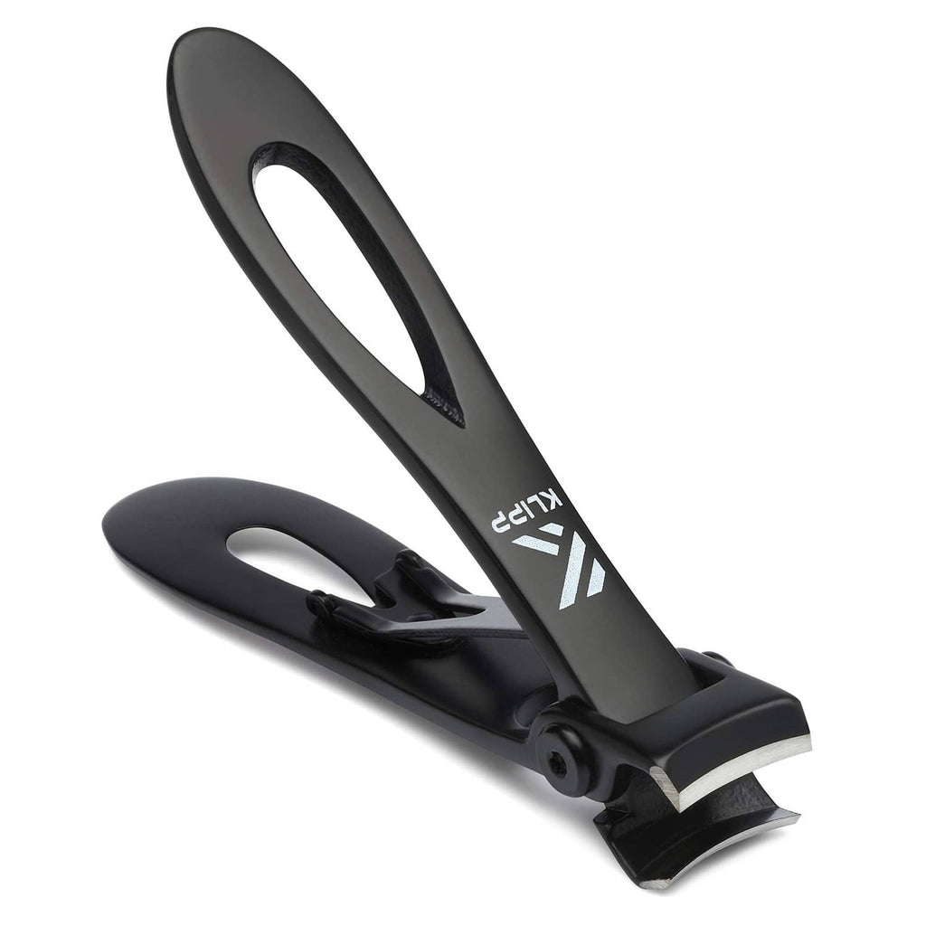 Black toenail clippers with 15 mm wide opening and curved blades