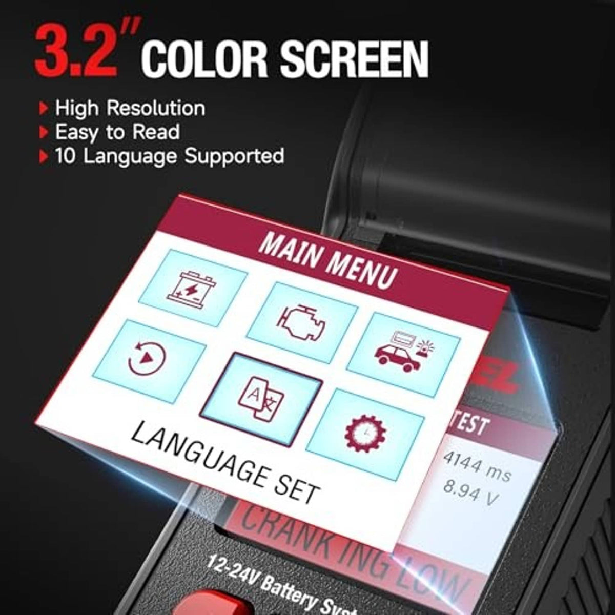 Battery tester with color menu screen and control buttons