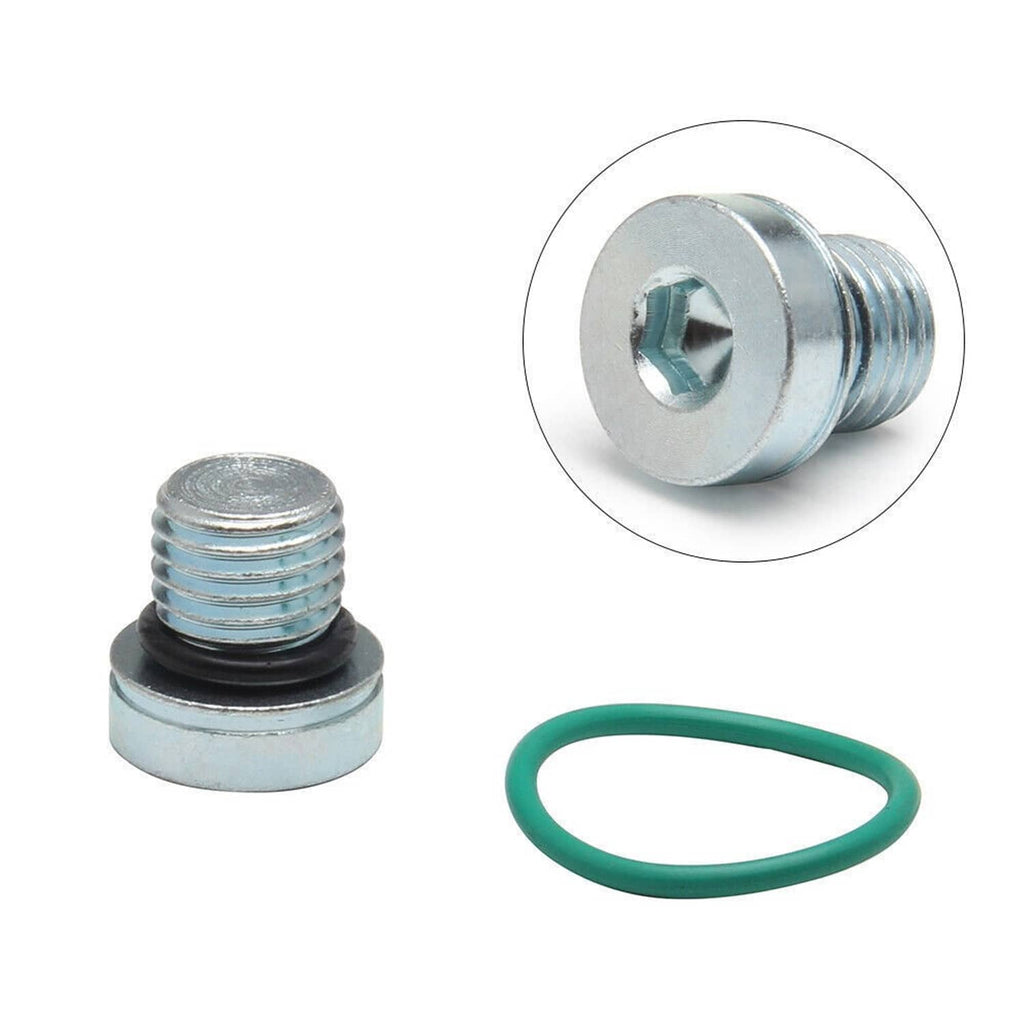 Threaded dummy plug with hex head, metal washer, and green O-ring gasket