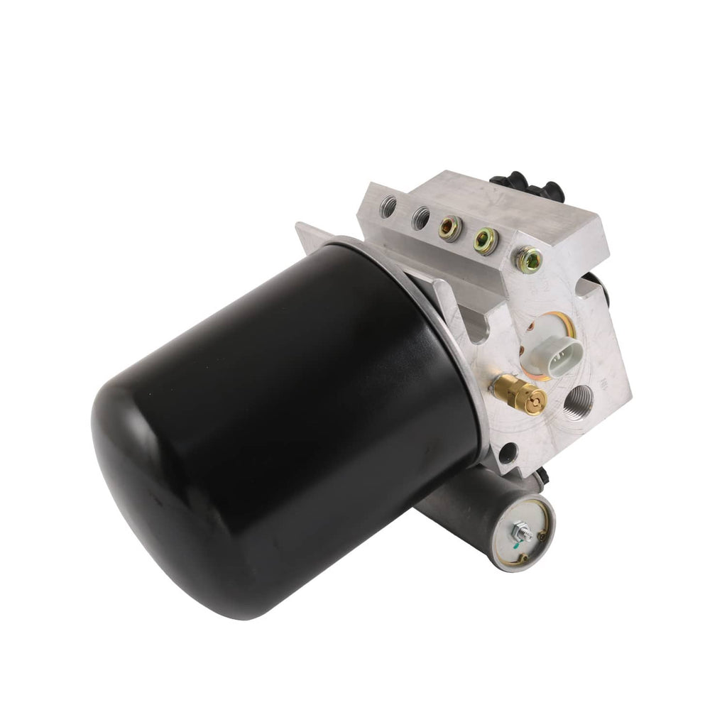 Air dryer with black reservoir, angled silver bracket, and labeled electrical terminals