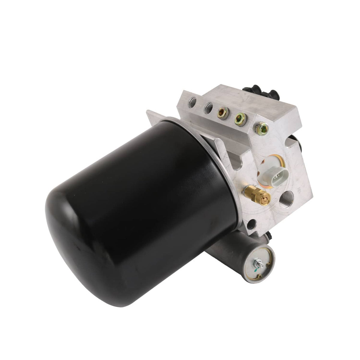 Air dryer with black reservoir, angled silver bracket, and labeled electrical terminals