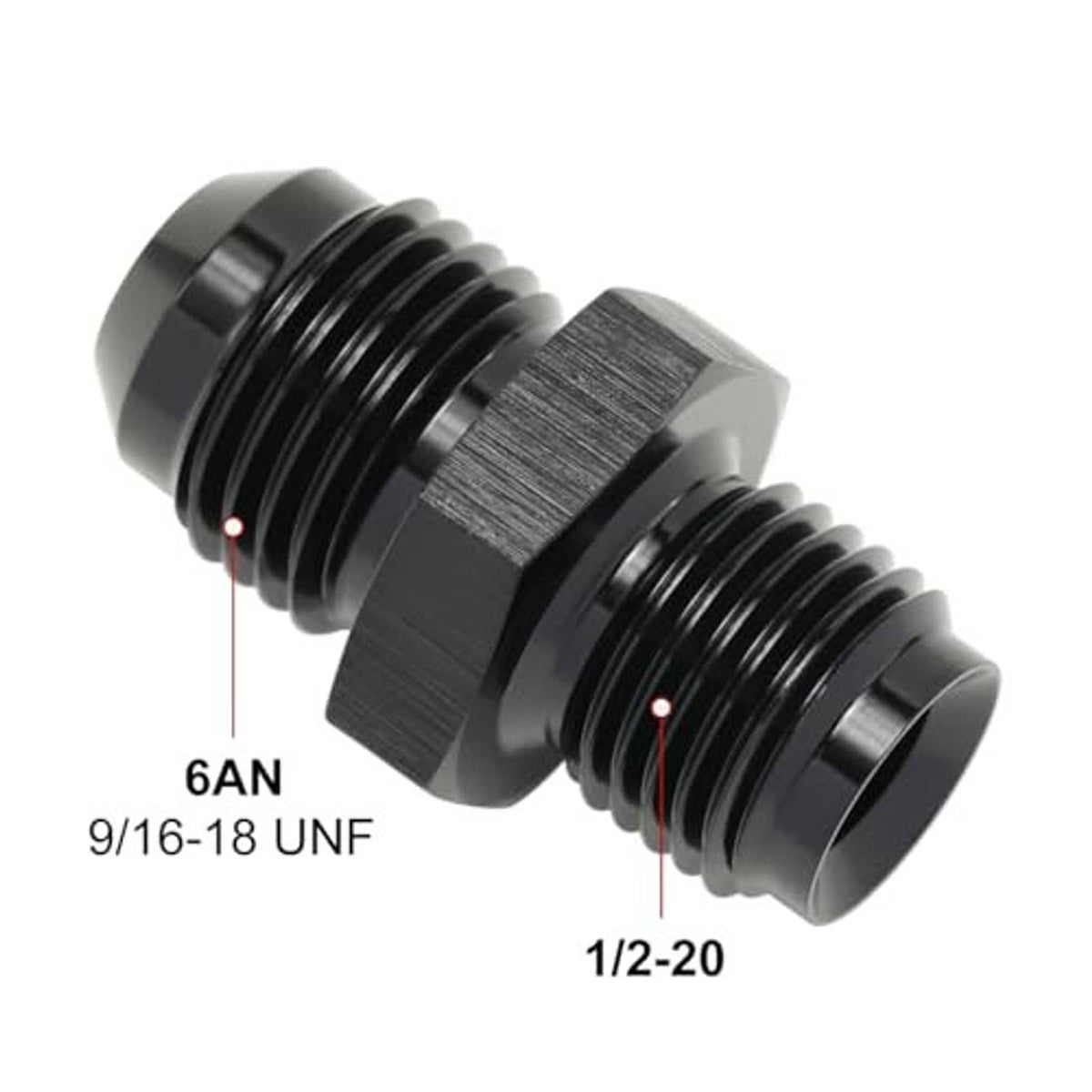 Black 6AN to 1/2-20 inverted flare adapter, angled view, threaded ends