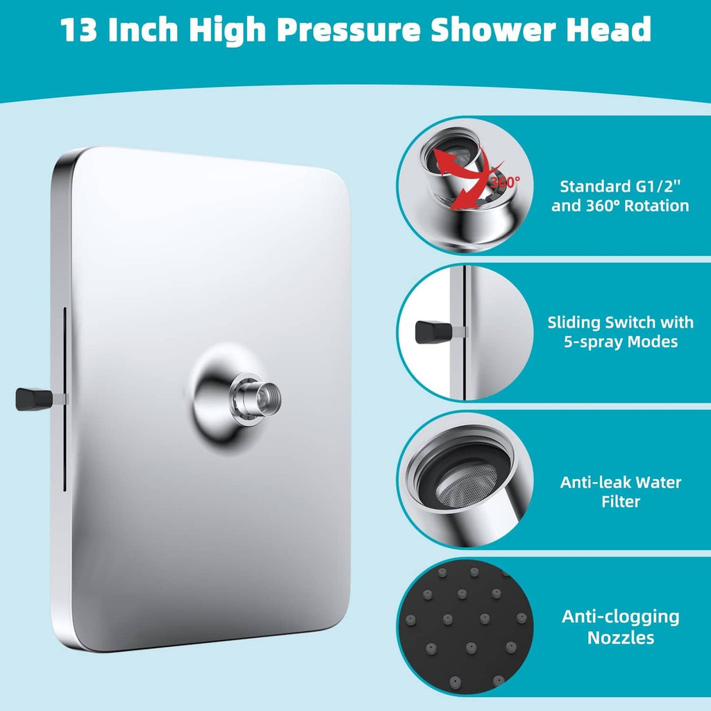 Chrome 13 in high pressure shower head with sliding switch and 360° swivel