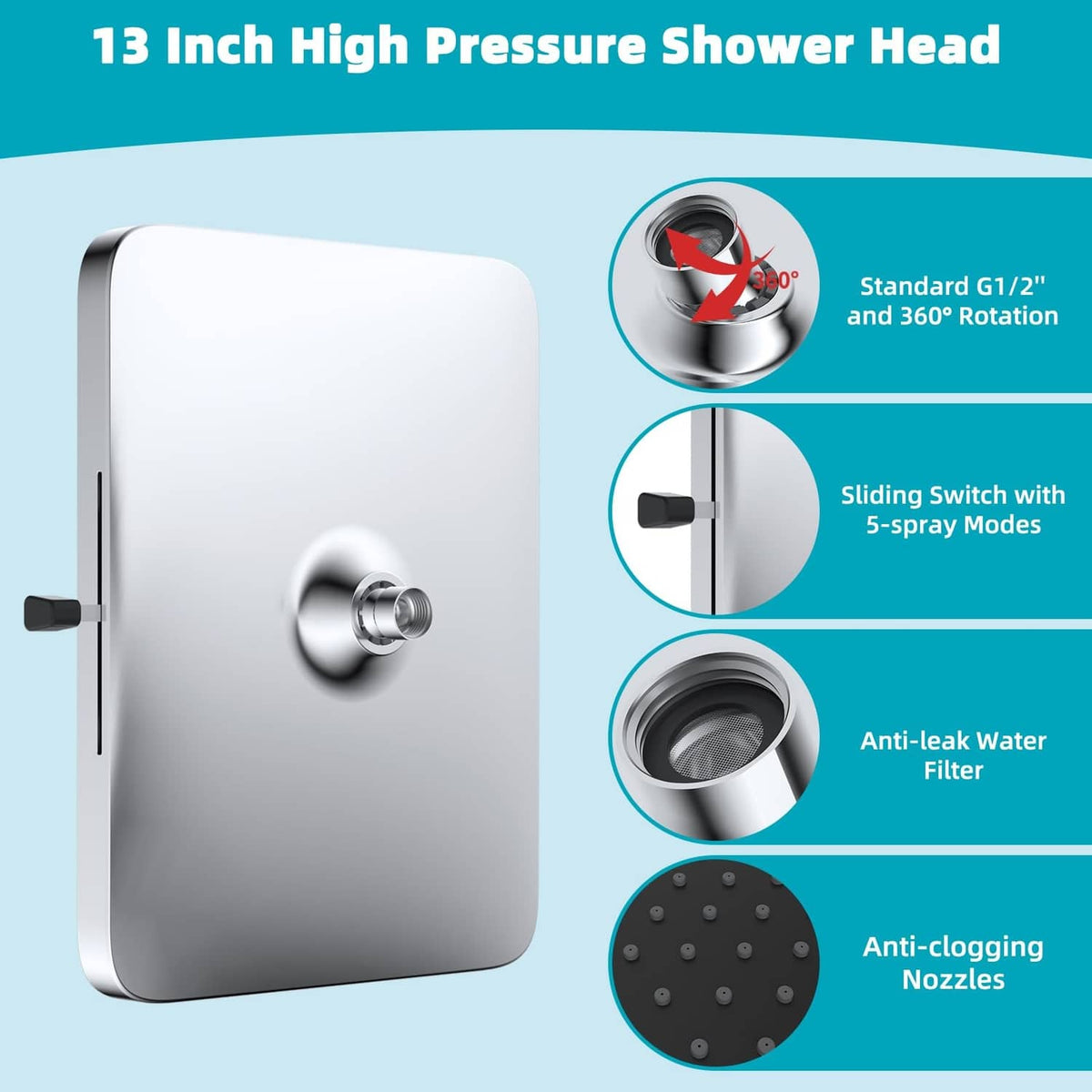 Chrome 13 in high pressure shower head with sliding switch and 360° swivel