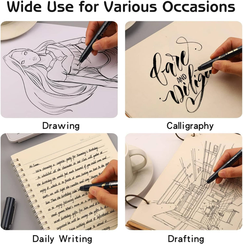 Needle drawing pens for sketching, calligraphy, writing, and drafting on paper