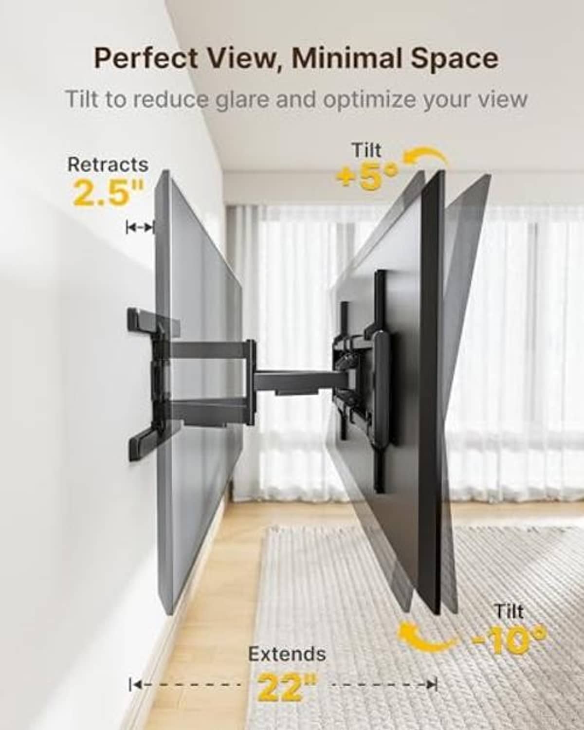 Tilt TV wall mount bracket showing extend and retract distances for minimal space viewing