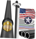 Black flag pole with solar light finial, attached flag, and base pole sleeves
