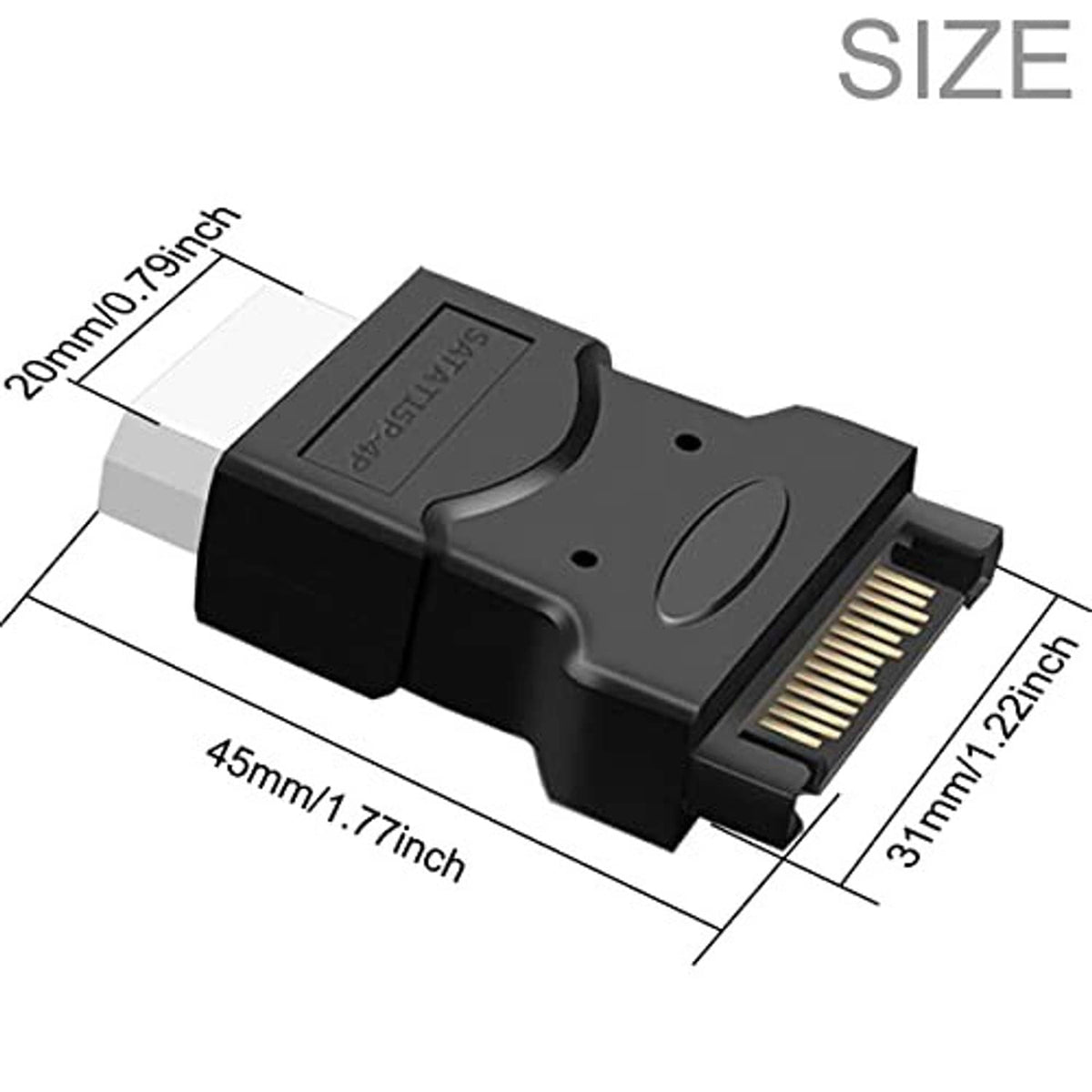 SATA to Molex adapter with compact black housing, gold pins, and mounting hole