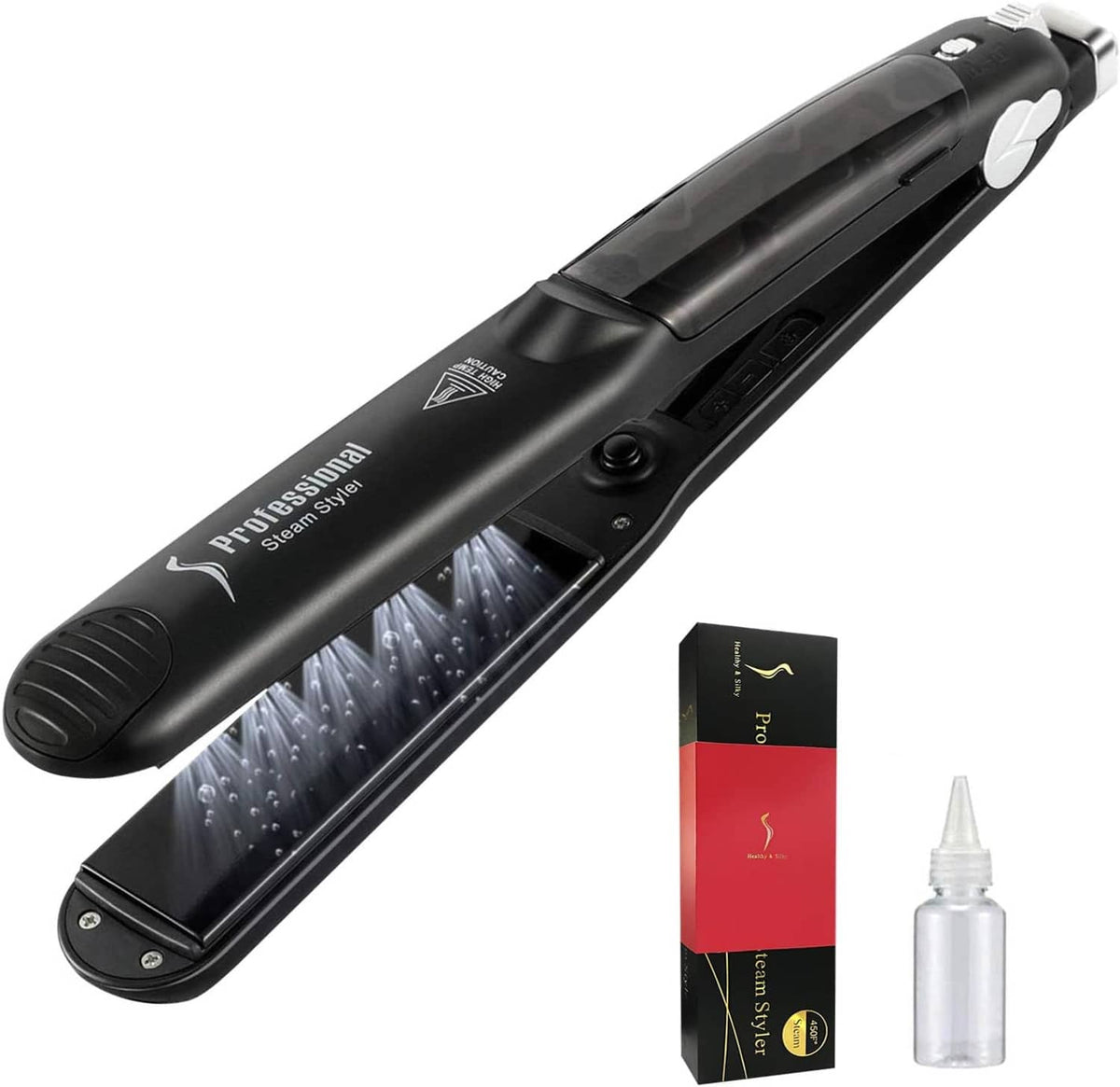 Angled steam hair straightener, black with ceramic plates and included water bottle