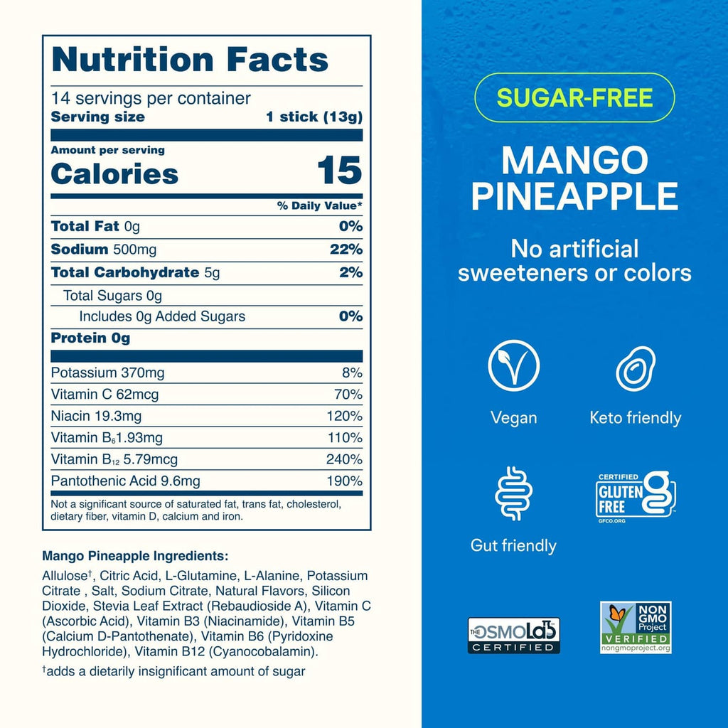 Nutrition facts label and sugar-free mango pineapple icons for hydration electrolyte mix