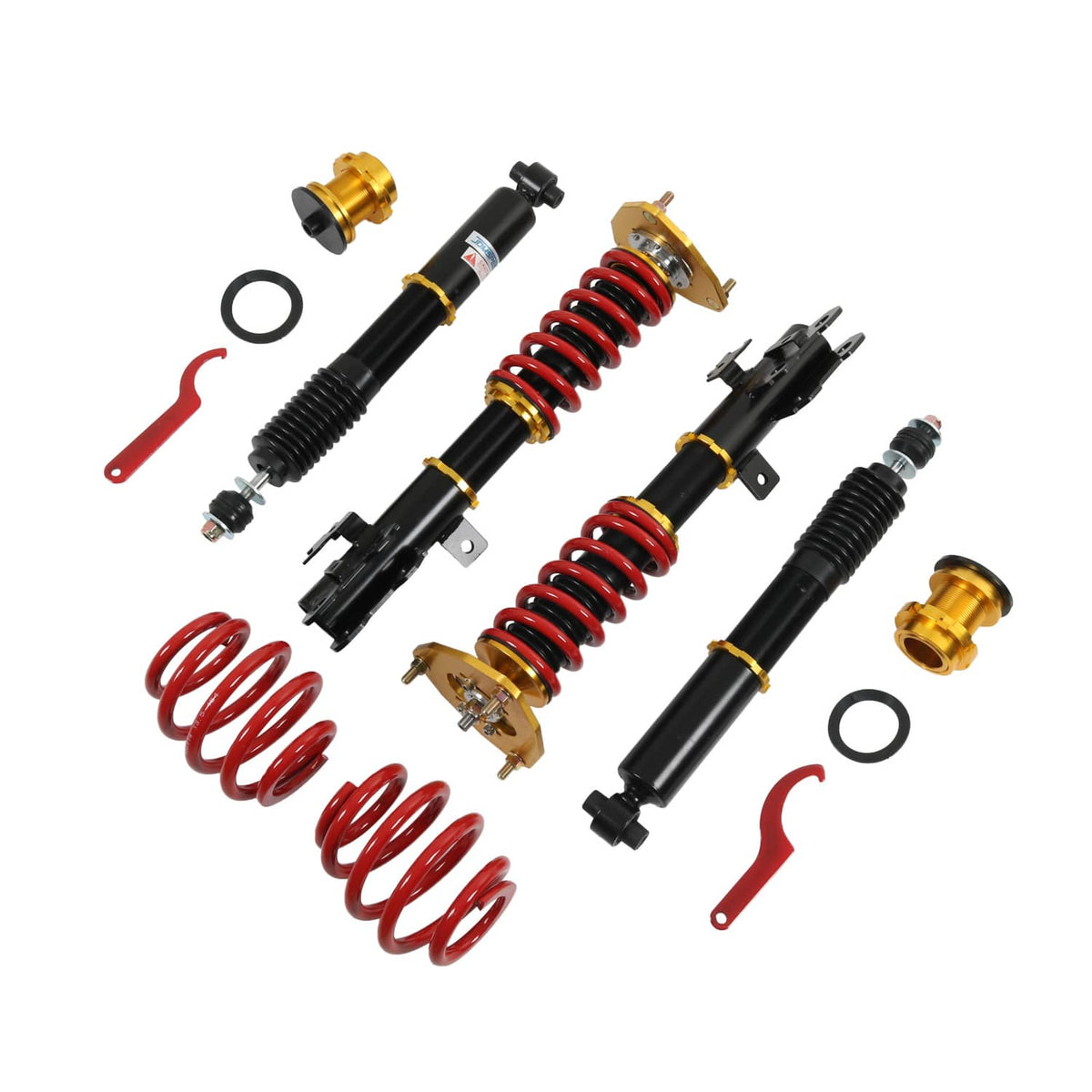 Coilover shock struts kit components: black dampers, red springs, gold caps, rings