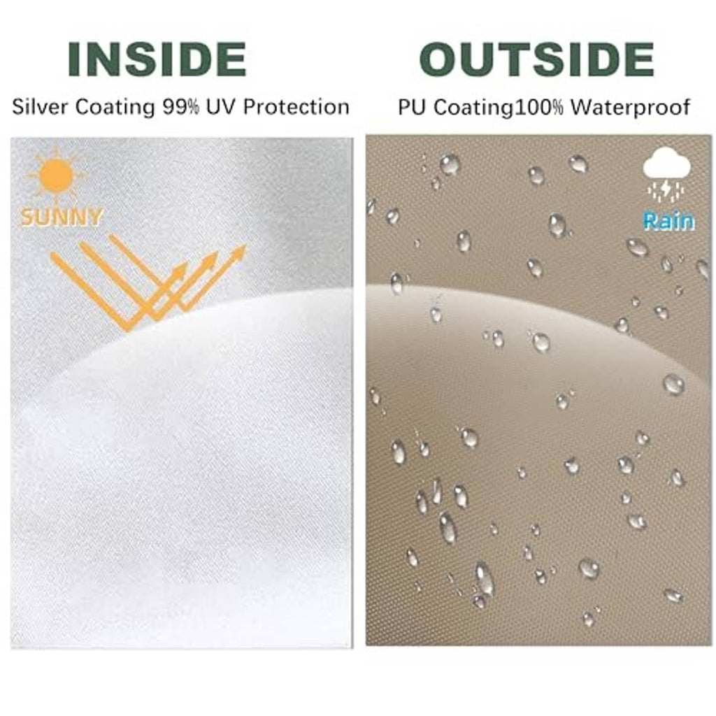 Khaki fabric panel showing silver UV coating and water-repellent droplets