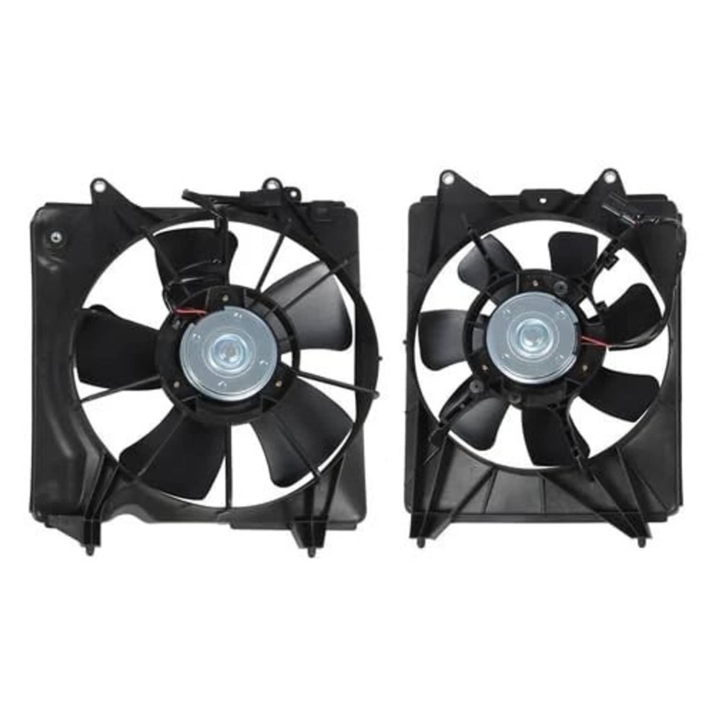Radiator cooling fan assembly with black fan shroud and two-blade fans, round motor hub