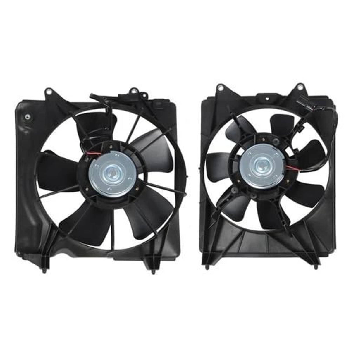 Radiator cooling fan assembly with black fan shroud and two-blade fans, round motor hub