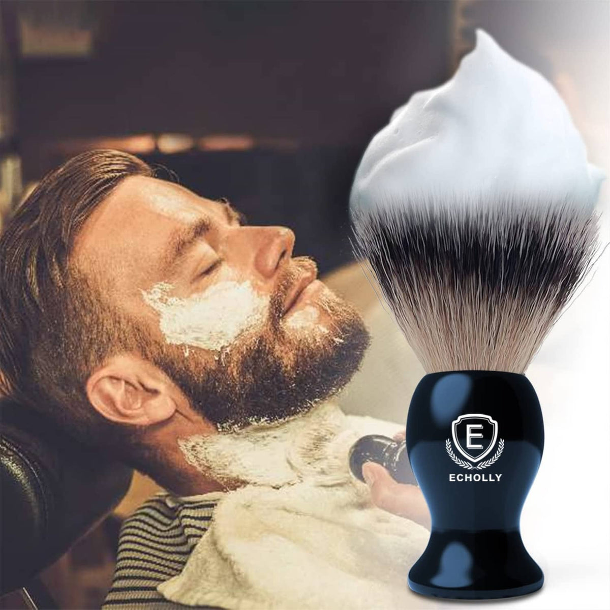 Men's black shaving brush held in use, dense bristles with shaving lather