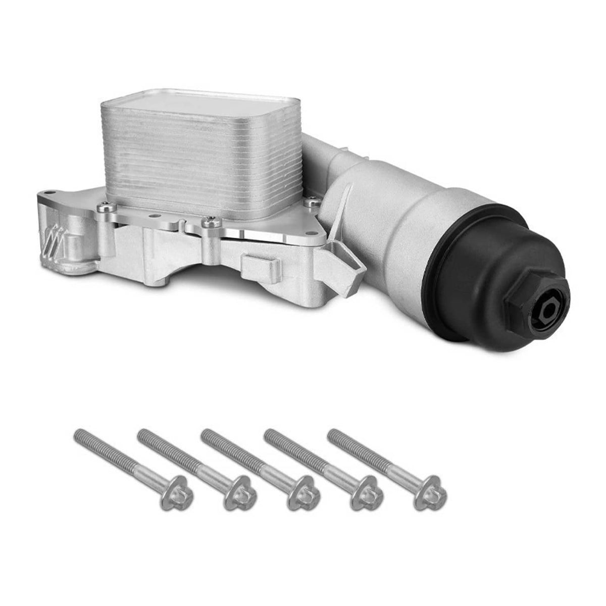 Oil cooler filter housing assembly with aluminum cooler and black end cap, screws included