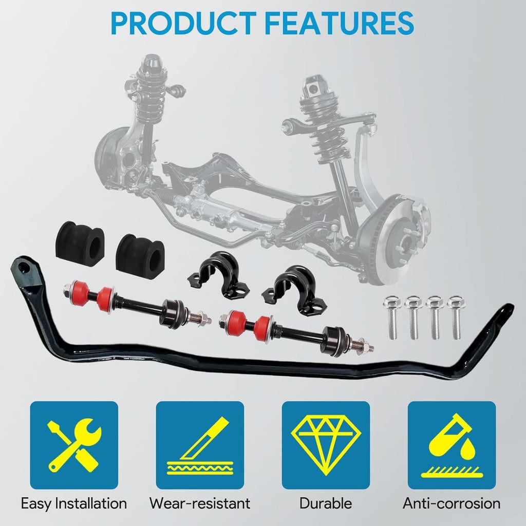 Front sway bar kit layout: black bar, end links, bushings, and installation hardware