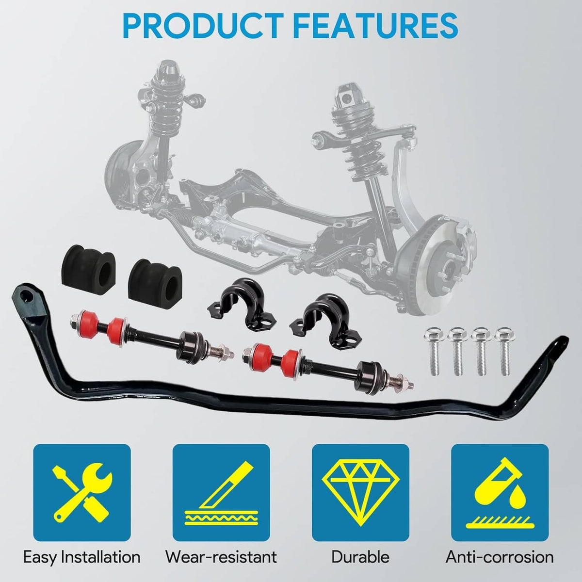 Front sway bar kit layout: black bar, end links, bushings, and installation hardware