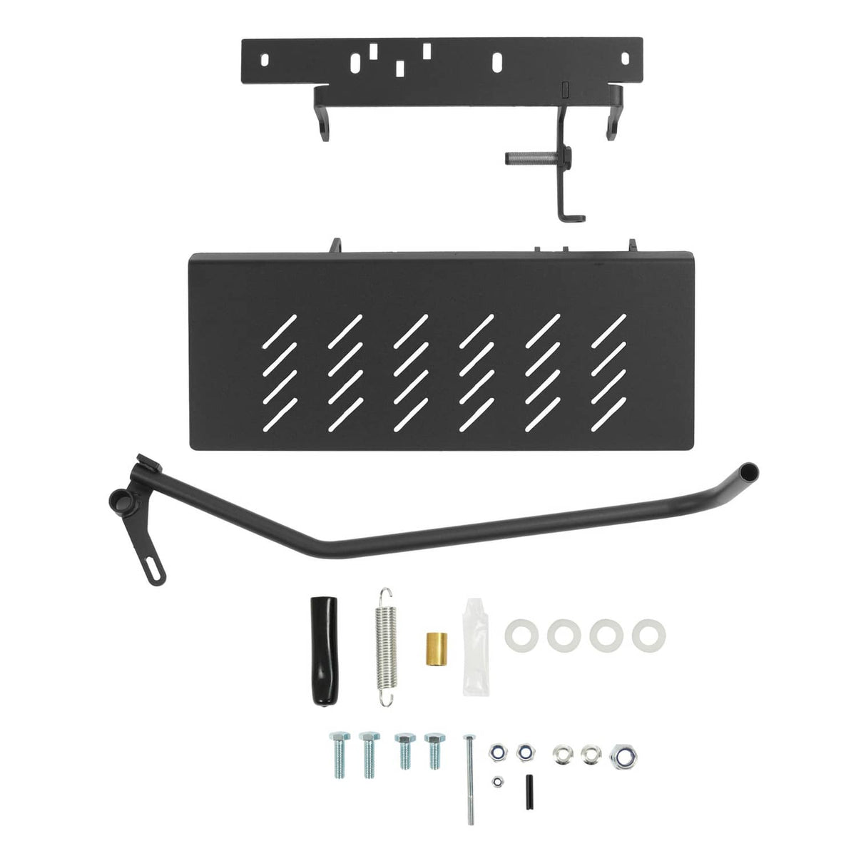 Black chute blocker plate with bracket and included mounting hardware