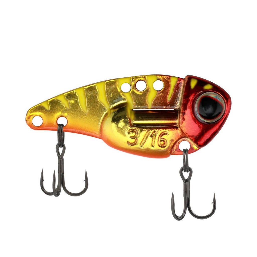 Blade bait fishing lure in gold and red with 3/16 oz marking and treble hooks