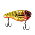 Blade bait fishing lure in gold and red with 3/16 oz marking and treble hooks