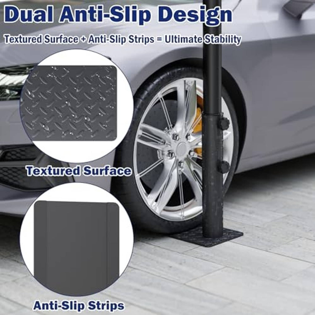 Black tire mount holder base with textured surface and anti-slip strips