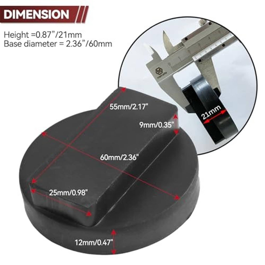 Black rubber jack pad adaptor with measurement diagram and labeled dimensions