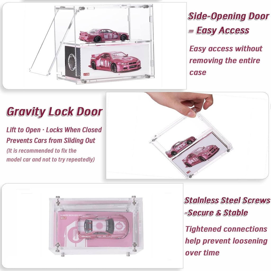 Clear acrylic display case with side-opening door for easy access