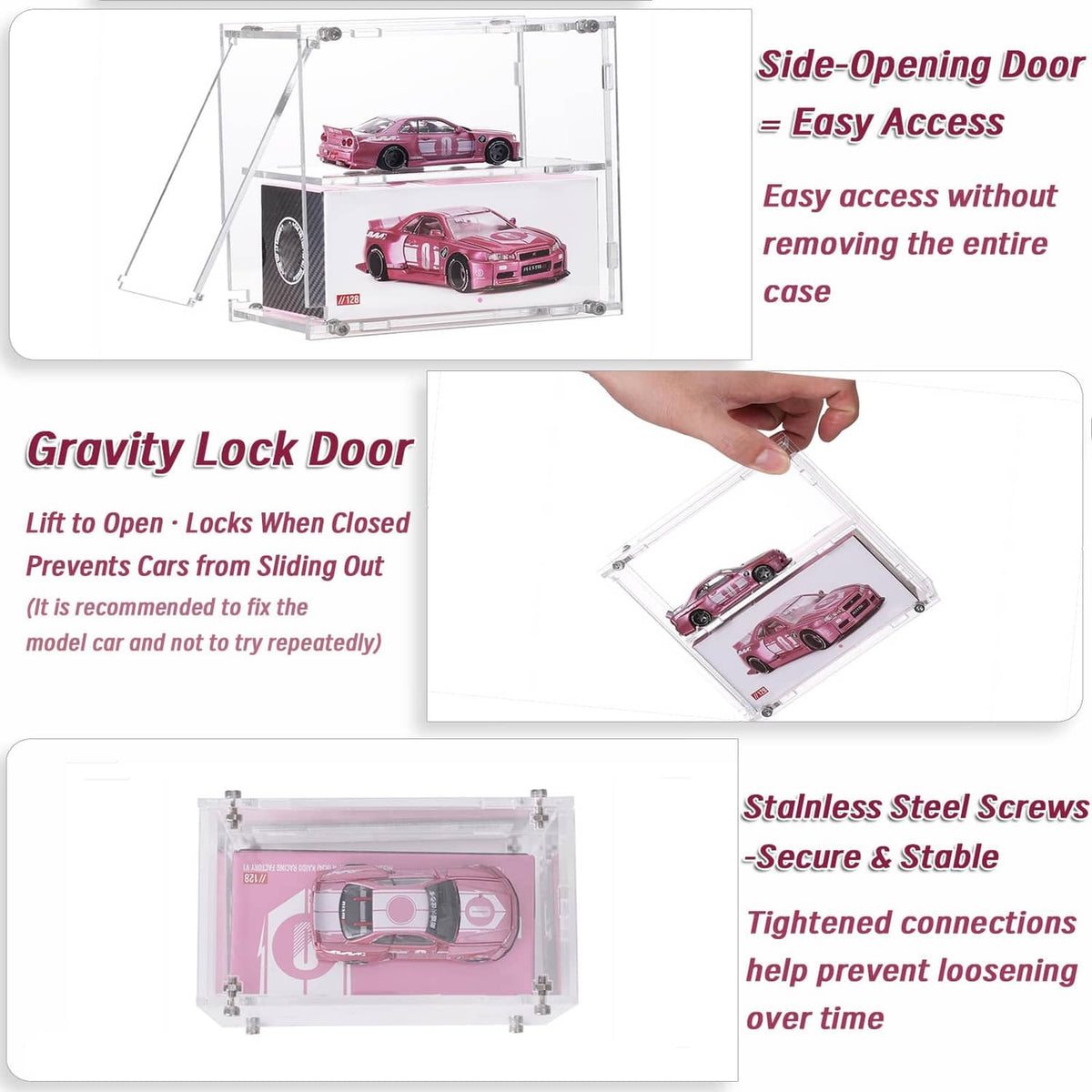 Clear acrylic display case with side-opening door for easy access