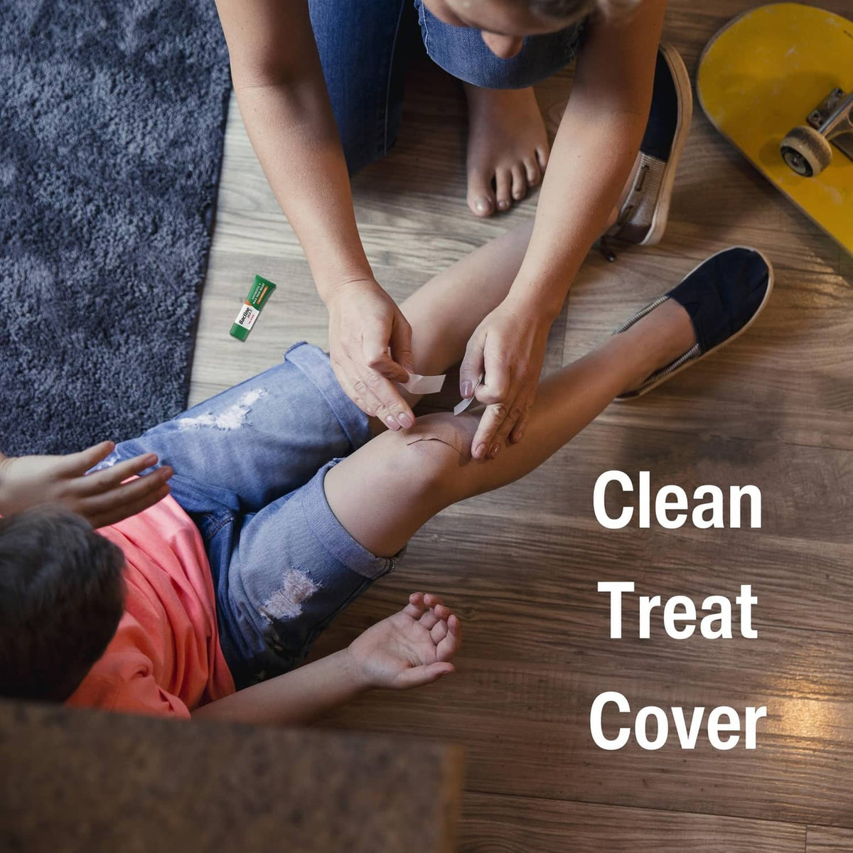 People applying ointment with text “Clean Treat Cover” on screen