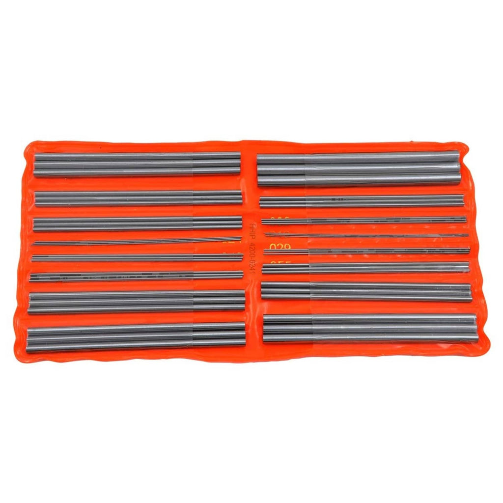 Thread measuring wire set with metal rods in orange plastic case