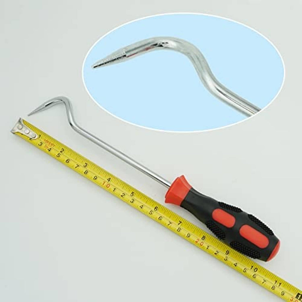 Hose removal hook remover with stainless hook and black/red handle; shown with measuring tape